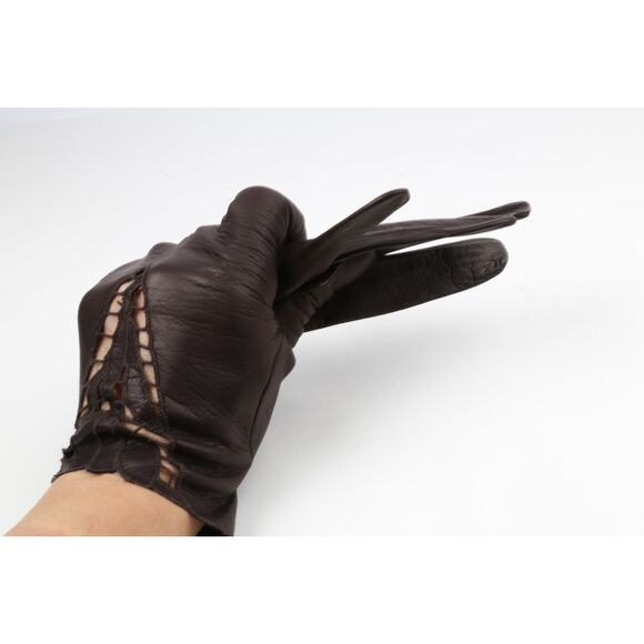 Brown Leather Gloves Crochet Detail Size 7.5 - Picture 7 of 8